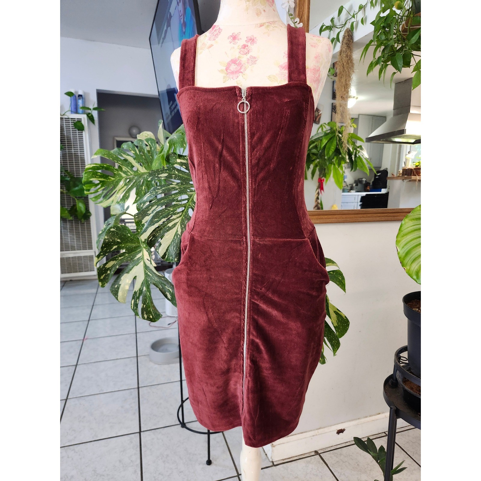Heart Hips Burgundy Corduroy Zip Front Pinafore Dress Small Y2K Grunge Academia