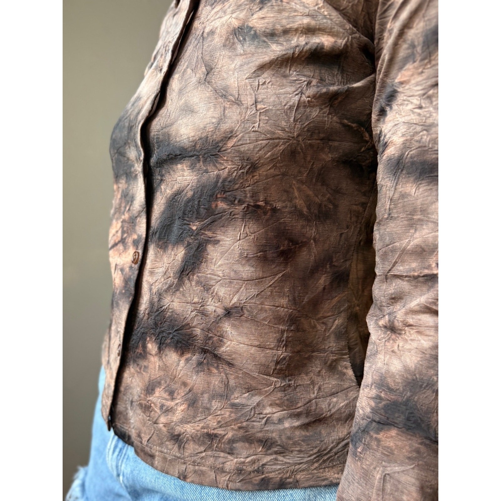 Vintage 90s Tie Dye Button Up Top | Brown Abstract Blouse | Y2K Grunge Fairy | S