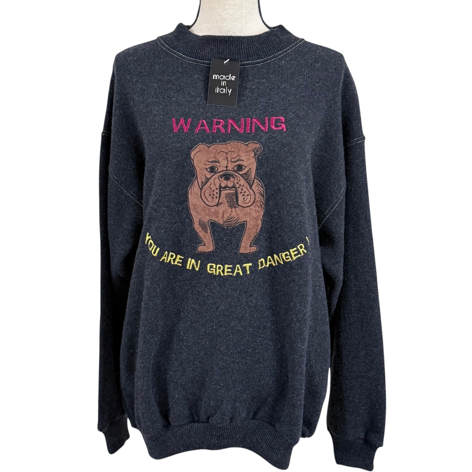 Vintage Bulldog Charcoal Knit Crewneck Sweater Size Medium Wool Blend