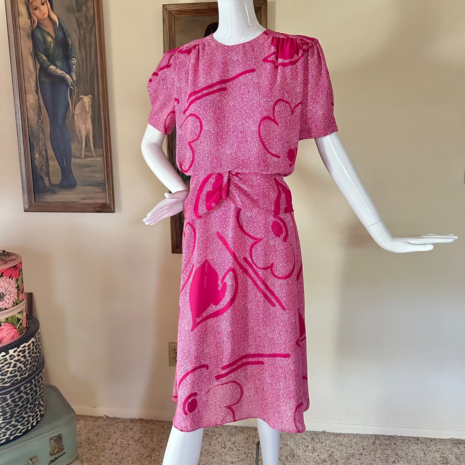 Vintage 1980s New Wave Cartoon Hearts Blouson Peplum Short Sleeve Day Dress M