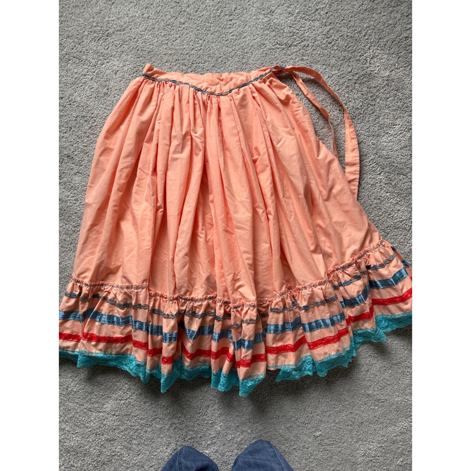 Vintage Peach Cotton Square Dance Skirt Ribbon Trim Lace Hem Western Midi Wrap