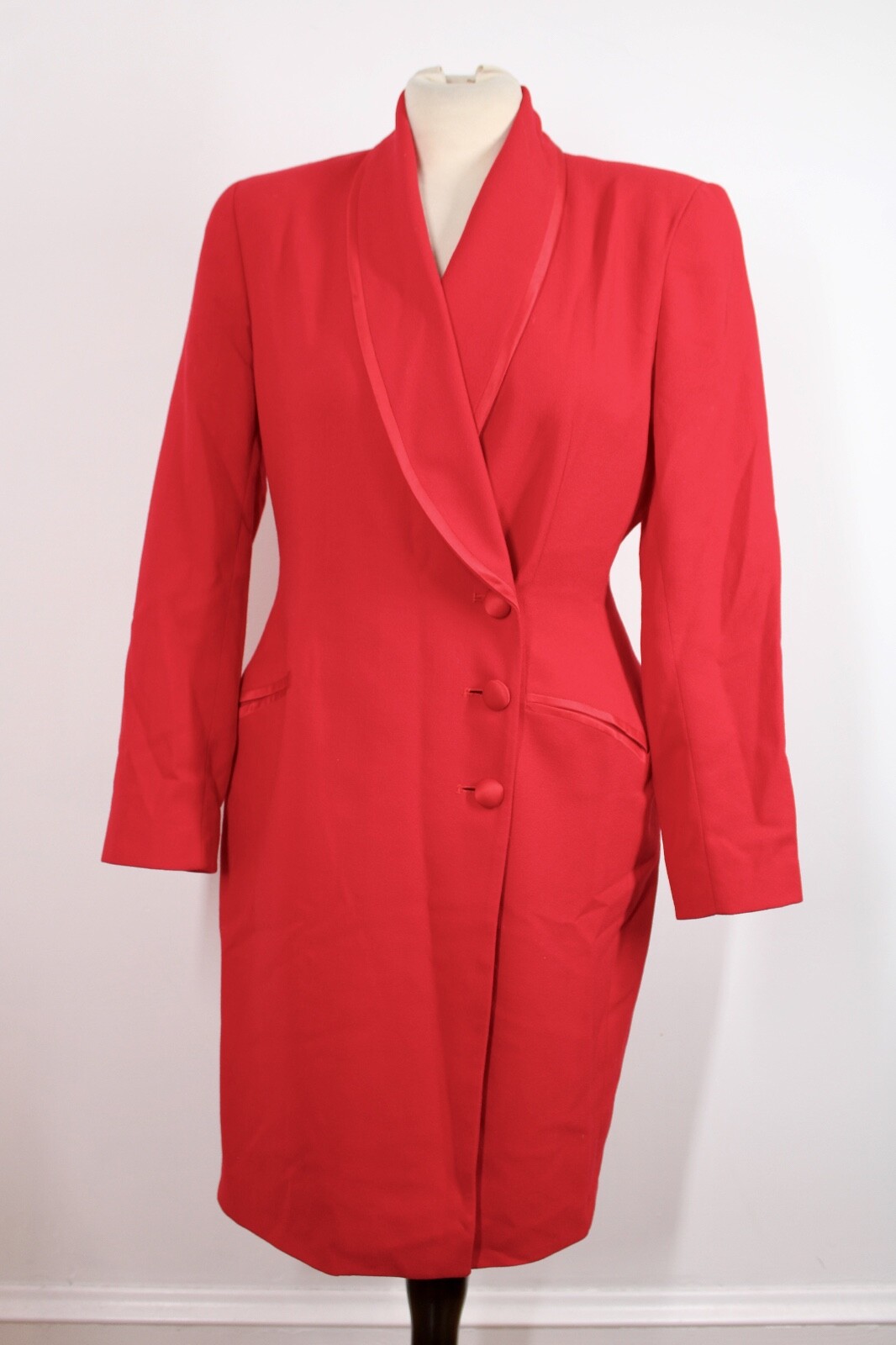 Vtg 80s Tahari 10 Red Wool Silk Trim Fitted Midi Coat Dress