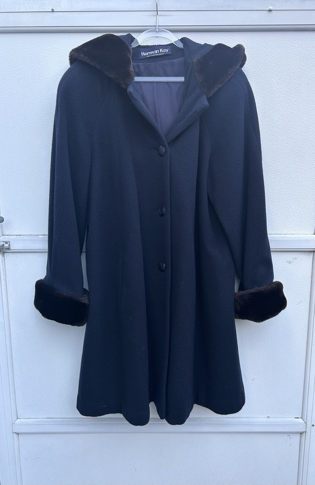 Vintage Coat Women 100% Wool Fur Trim Navy Blue Penny Lane Hood Sz 10 Herman Kay
