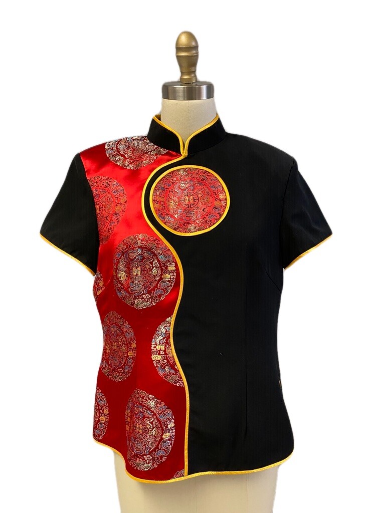 VTG 80s Red Satin Damask Top M L Custom Made Unworn Yellow Piping Shoulder Pads