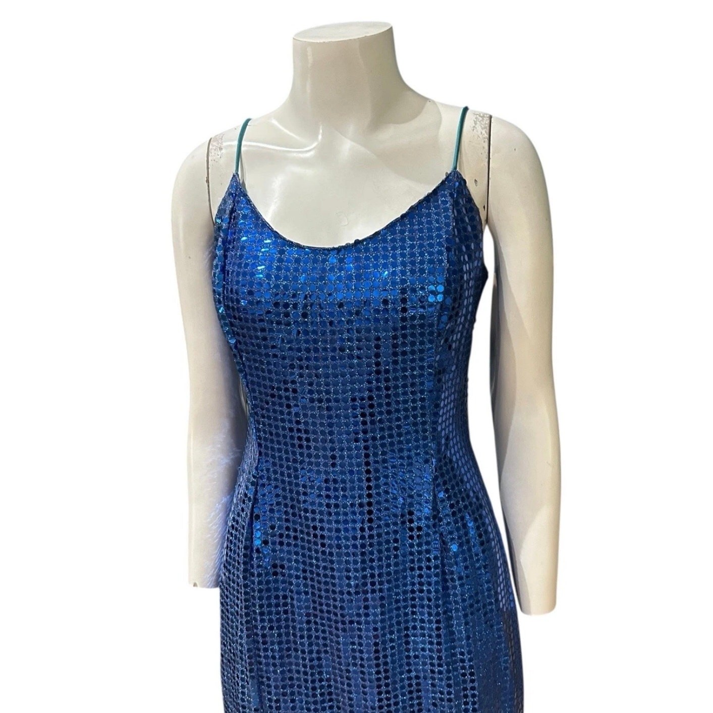 Vintage L.A. Glo Blue Sequin Maxi Dress 90s Spaghetti Strap Gown Small ^