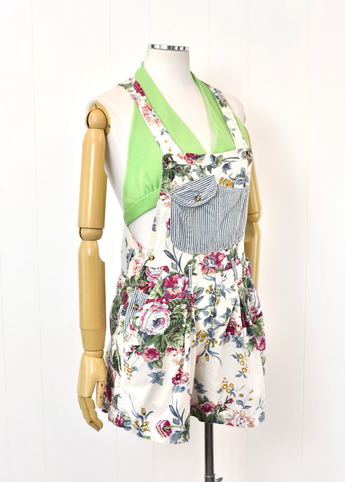 Vintage 1990s Rose Floral Print White Cotton At Last Romper Overalls Shorts