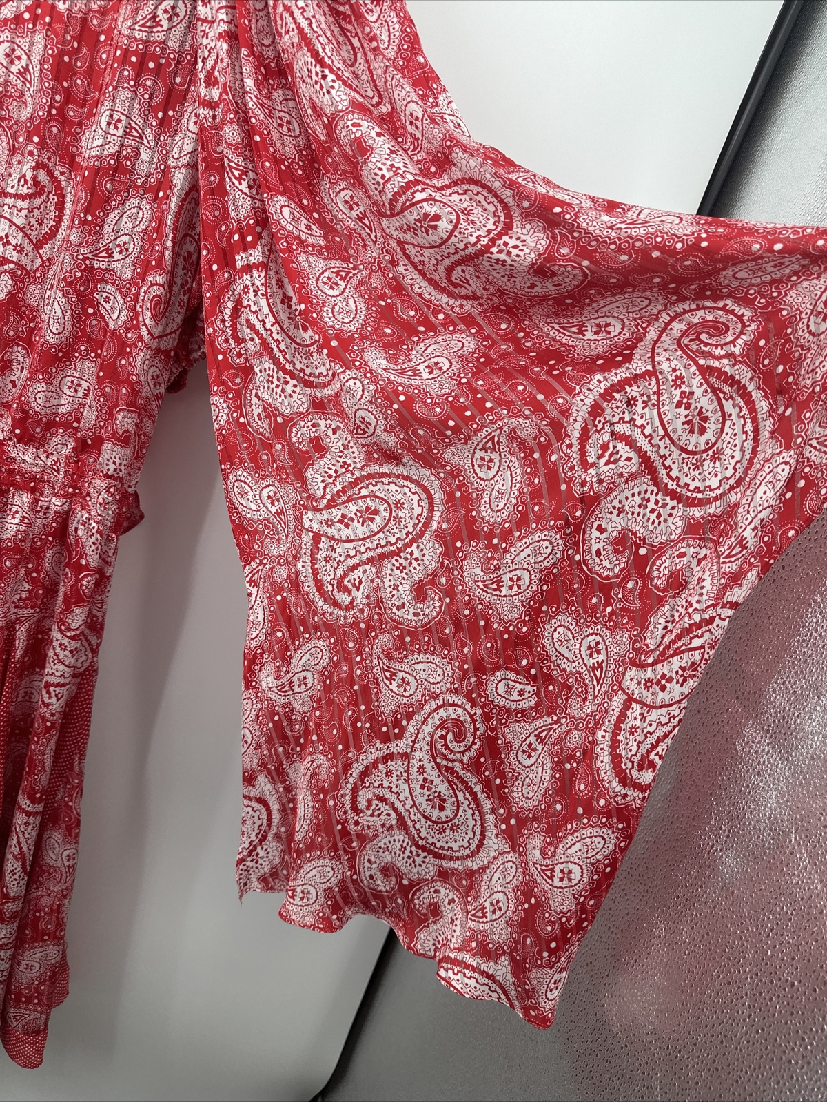 Diane Freis Georgette Red Paisley Polka Dot Dress With Shoulder Drape Cascade