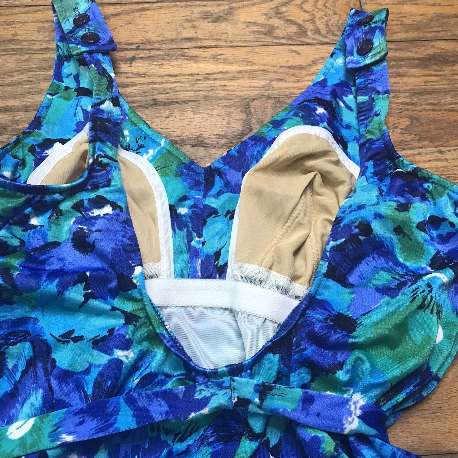 Maxine of Hollywood Size 14 Vintage Bathing Suit Blue Floral Print Belted