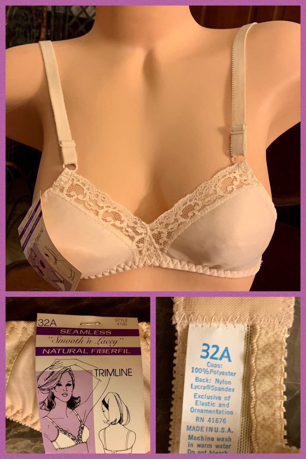 Vintage Bra Smooth Seamless Beige Nude Lace Trim Beige Adjustable 1970s NEW 32A