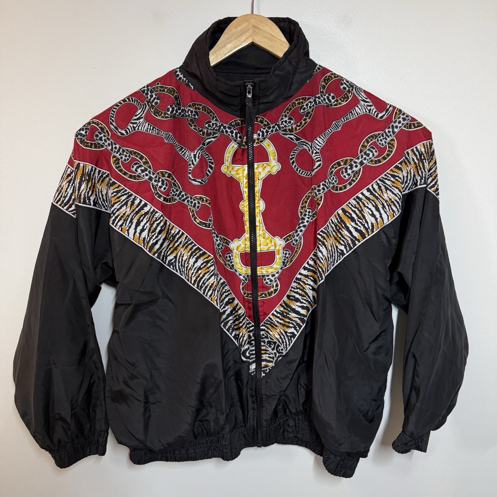 Vintage 90s Argee Sports Windbreaker Jacket Large Chain Horse Bit Tiger Print