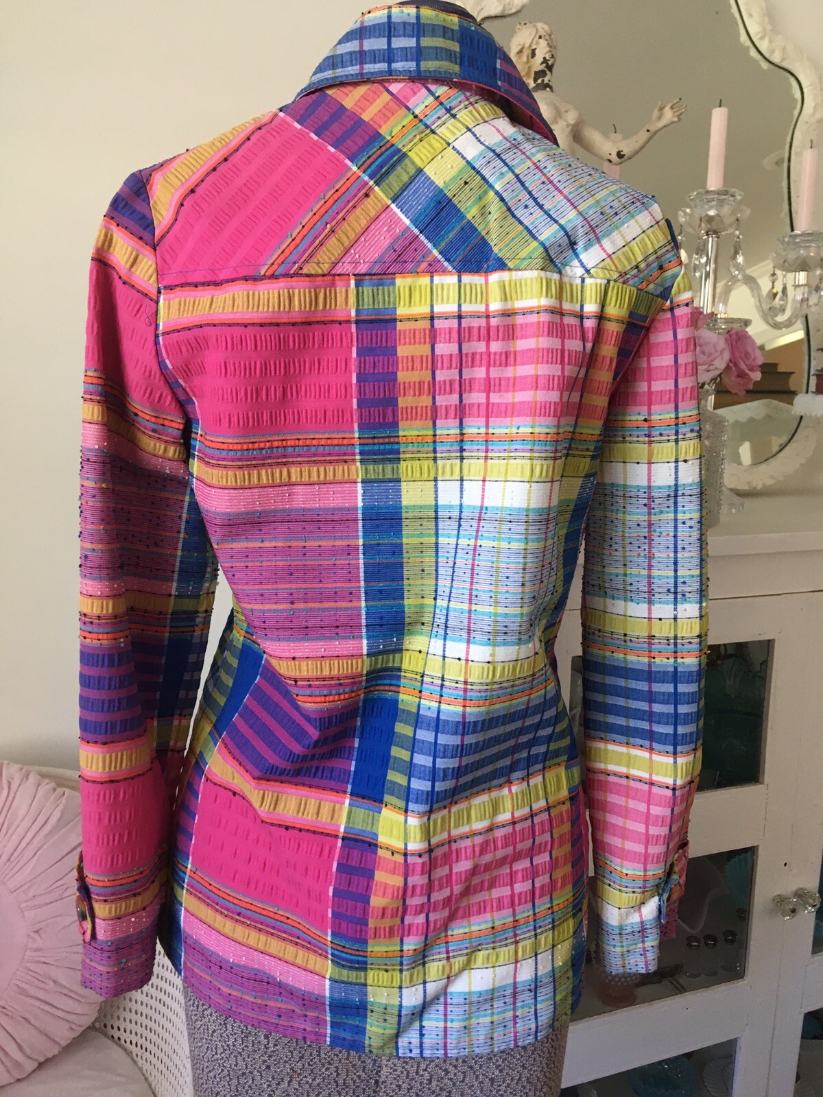 Vintage 1970’s PINK Tutti Frutti SEERSUCKER CHECK Plaid Shirt JACKET Lined BEACH