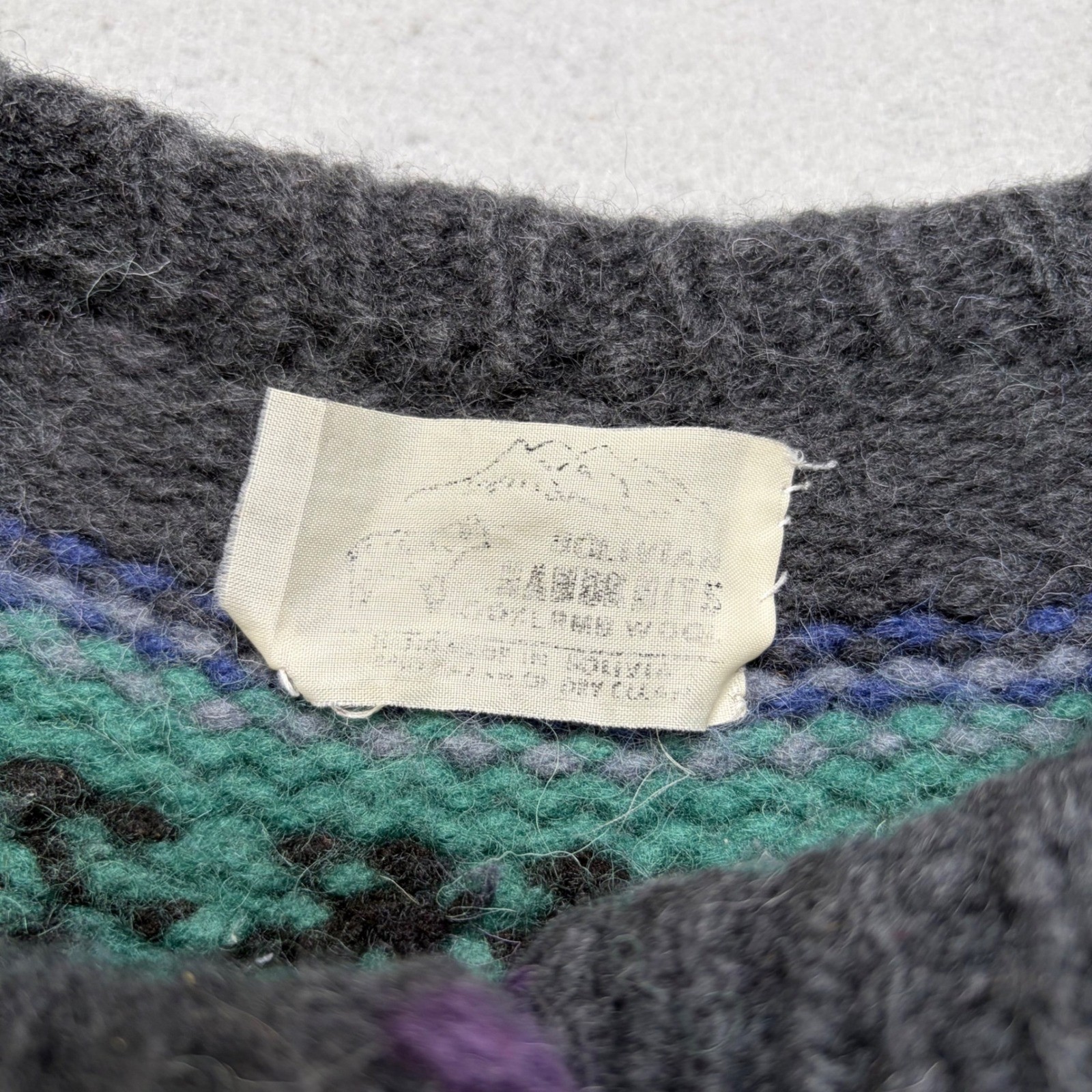 Bolivian Hand Knit Cardigan Women L Purple Teal Fair Isle Wool Vintage Sweater