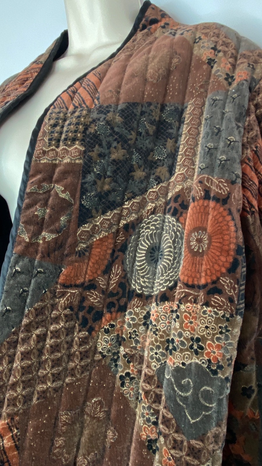 Vintage 1970s brown velveteen jacket open floral patterned cotton patchwork rust