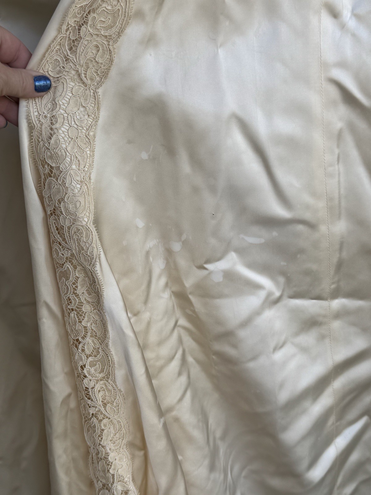 Vtg 40/50’s Satin Wedding Dress Beige Cream Lace Size 2 ? Lace Sequins 22” Waist