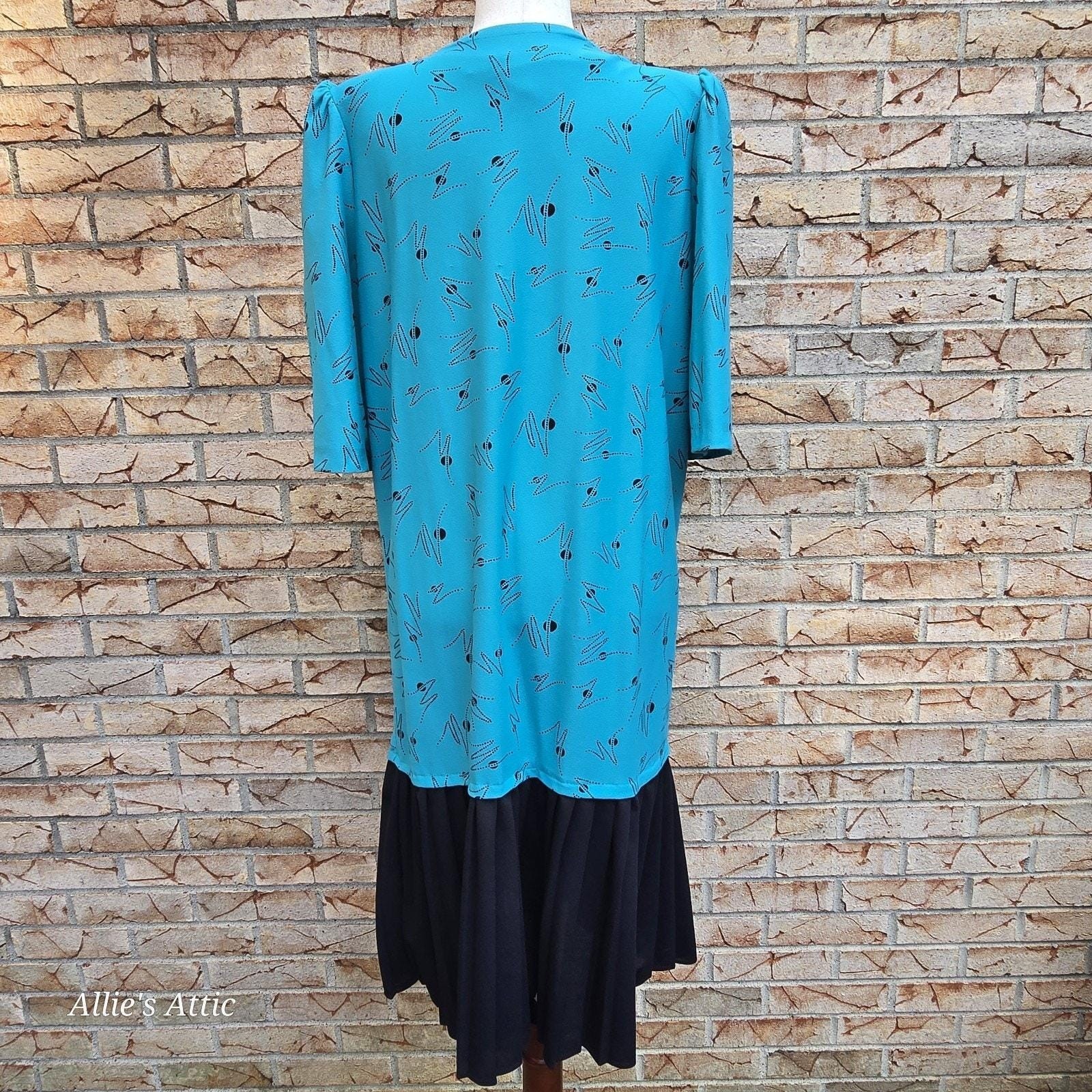 80s Teal Blue Black Geometric Vtg Drop Waist Party Dress Earth Angel Plus Size*