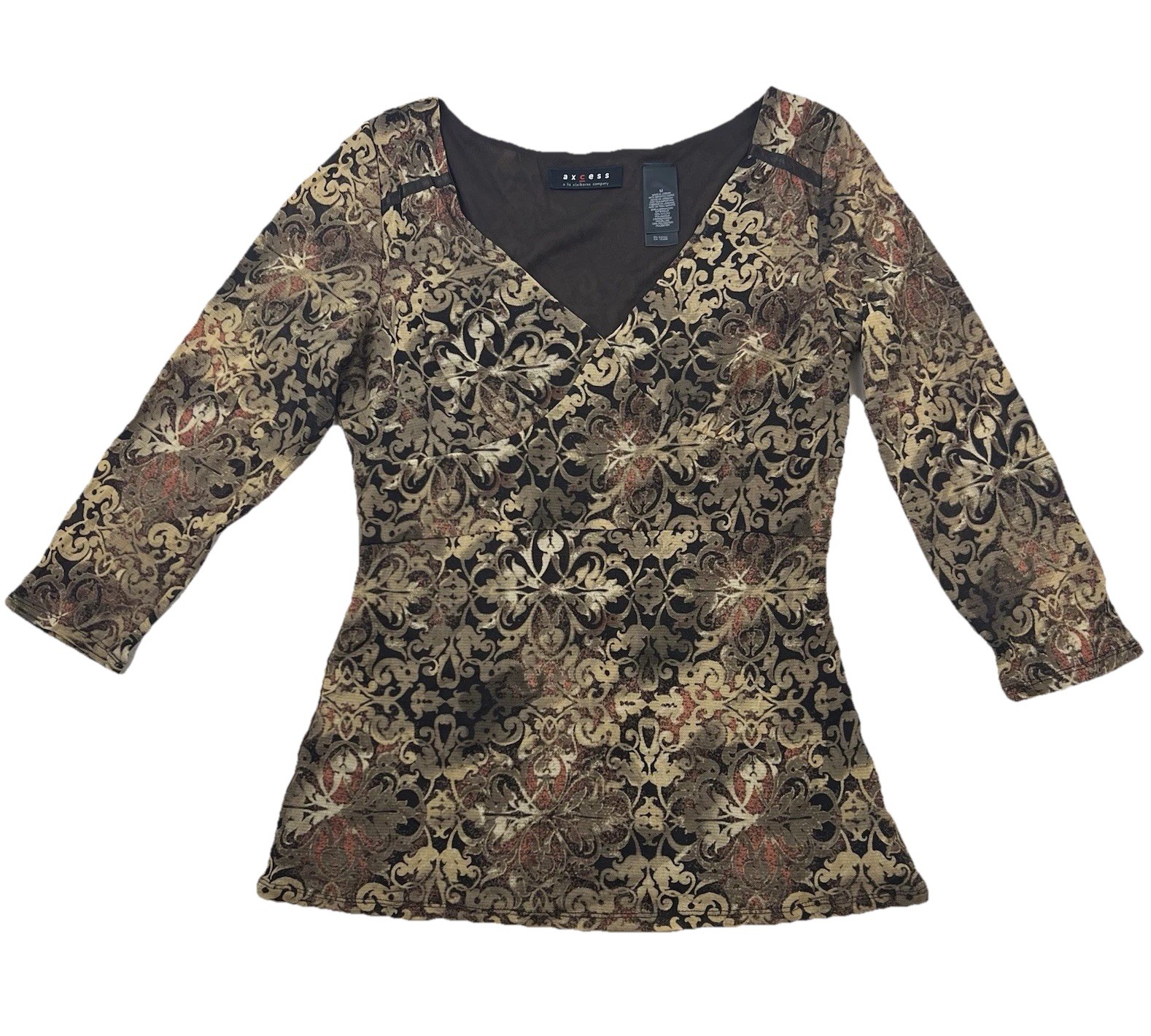 Vtg Y2K Axcess Womens Sz M Mesh Top Babydoll Brown Fall Fairy Grunge 3/4 Sleeve