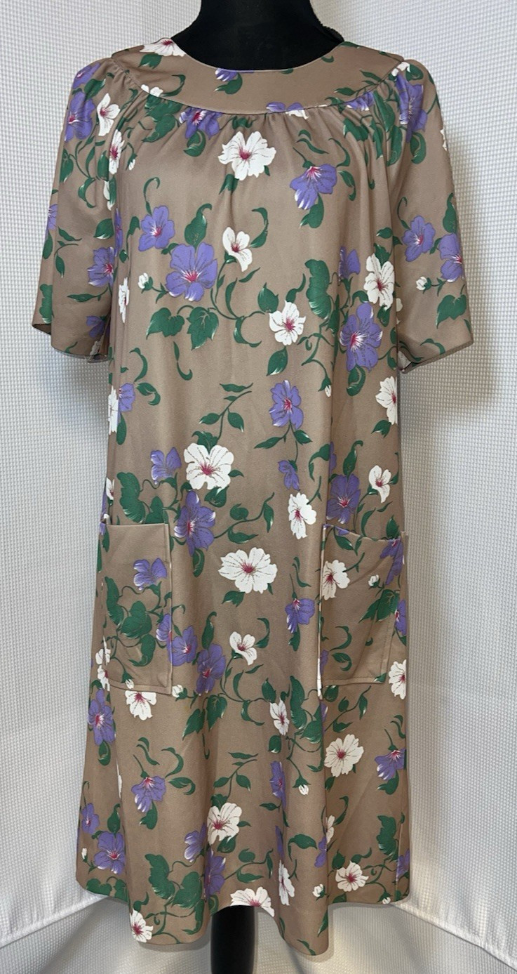 70s Bridge Gate Housecoat House Dress Pocket Brown Floral Polyester Sz M u88