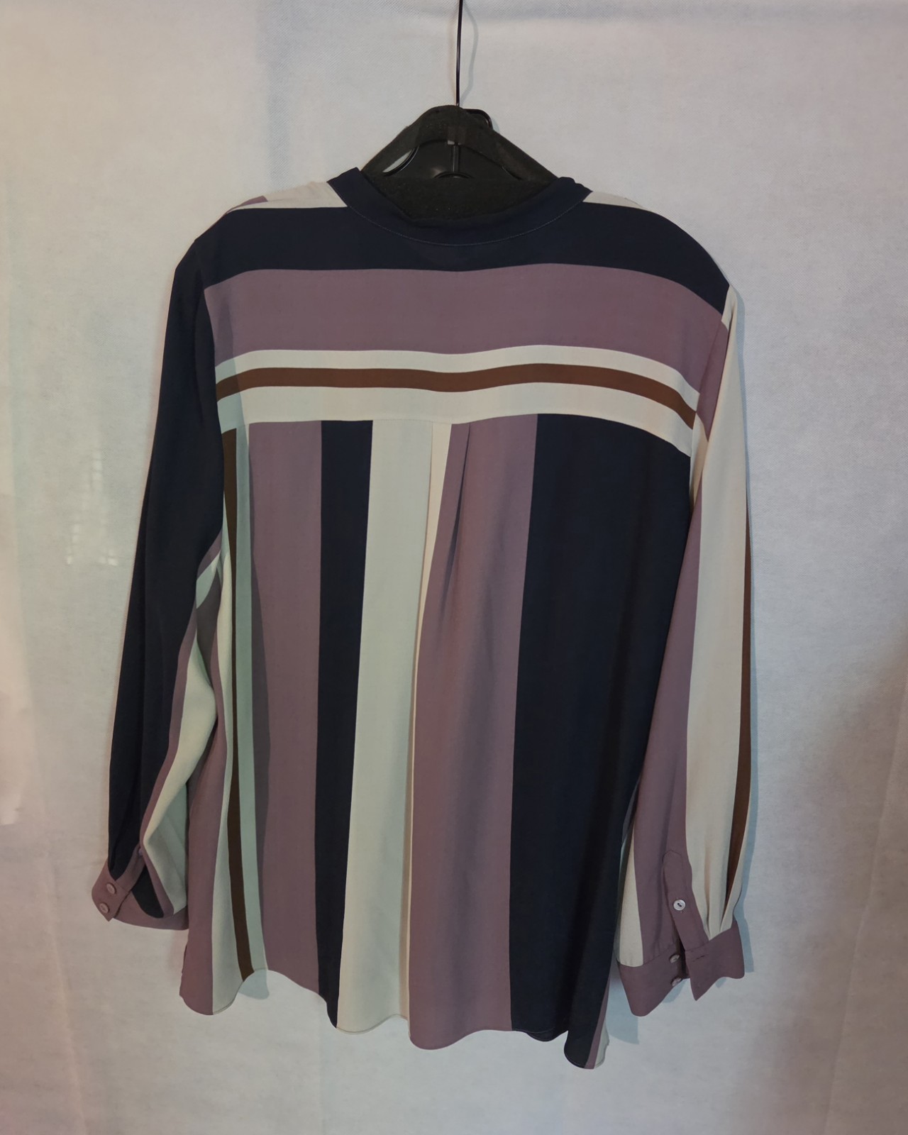 Eileen Fisher Silk Blend Multicolor Vertical Stripe Mandarin Collar Blouse L
