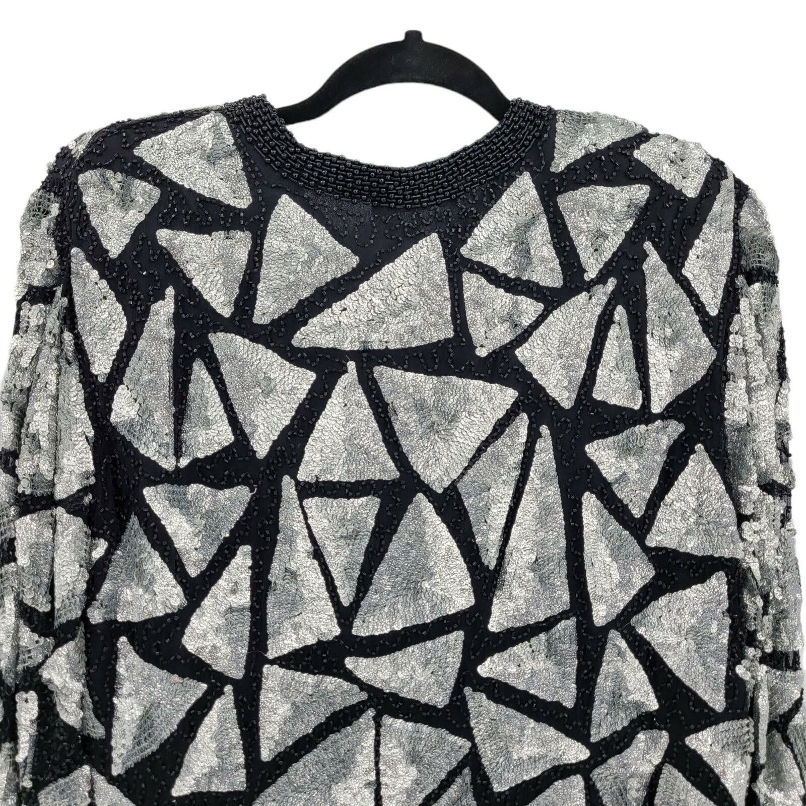 Vintage 80’s Sweelo Blazer M Silk Geometric Black Silver Metallic Sequin Beaded