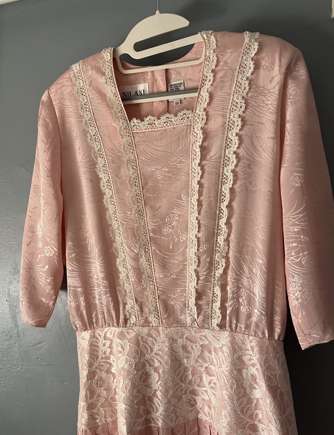 Vtg Nilani Lace Dress Blush Pink Drop Waist Button Shoulder Pads Sz 12