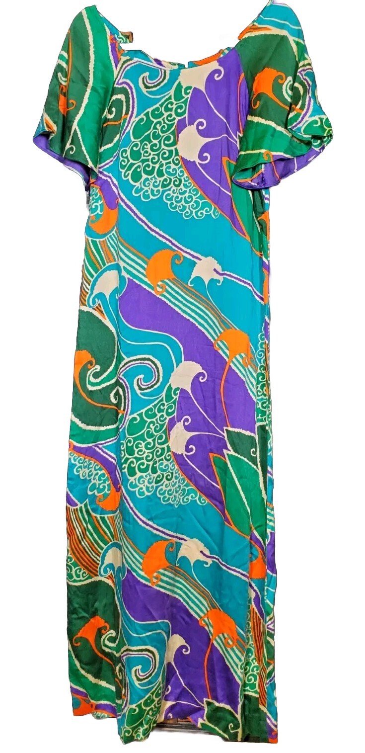 Vintage Fumi’s Originals Flutter Sleeve Hawaiian Wavy Print Maxi Dress Colorful