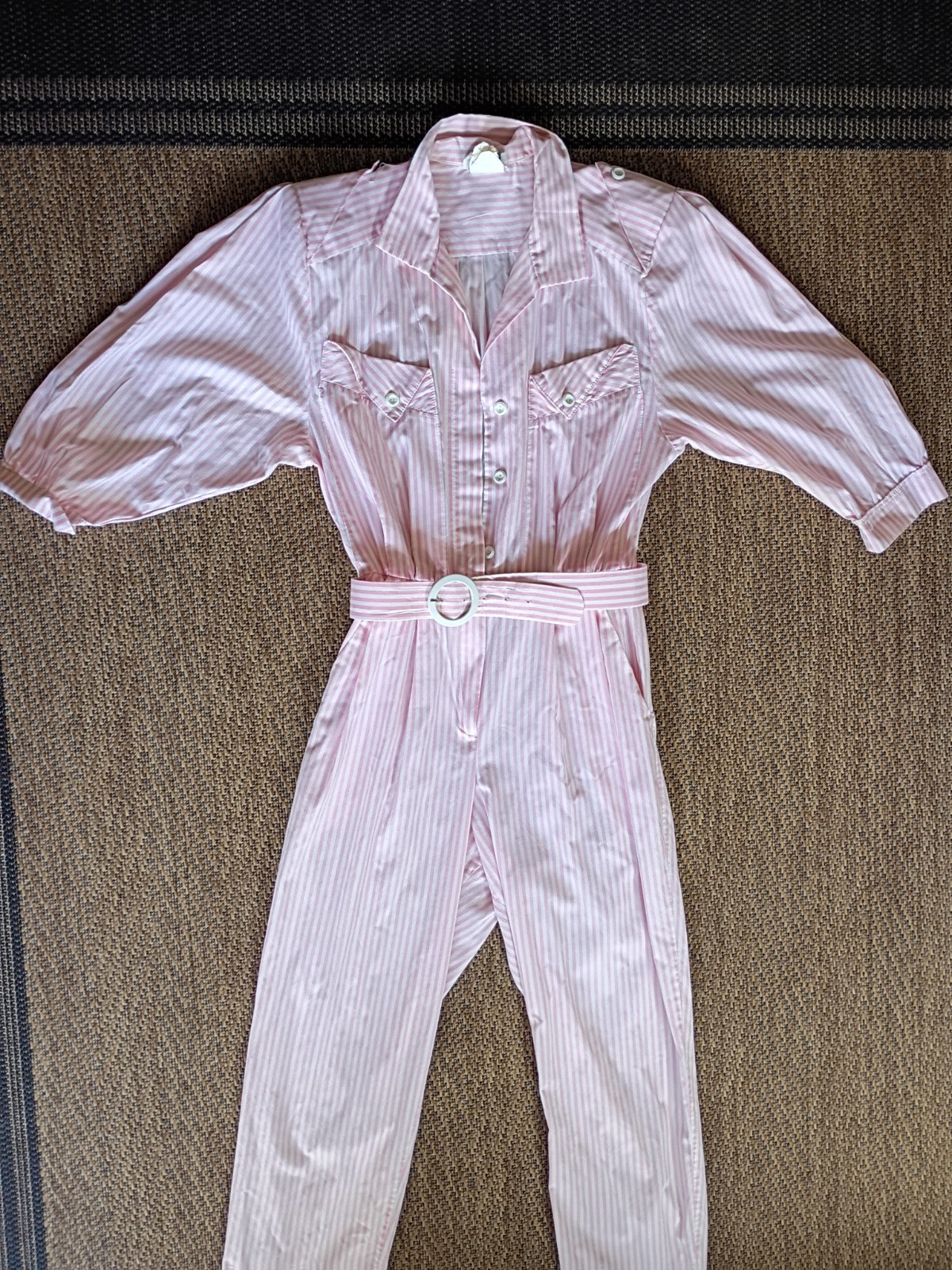 Women’s Vintage Size 11 or XL, 80’s Pink Stripes Jump Suit W/ Belt Algo-Ettes