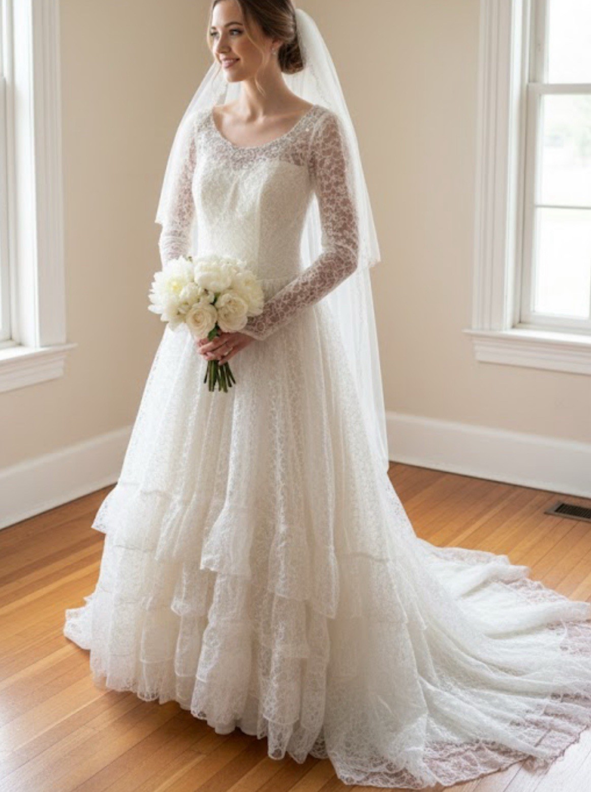 Antique 1890s-1900s Cotton Lawn + Mixed Lace Tea or Wedding Dress Small