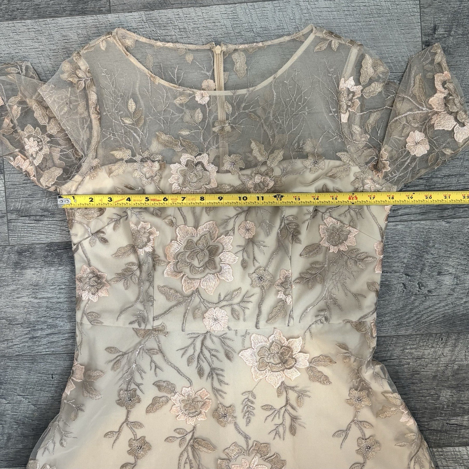 JS Collections Floral Embroidered Illusion Midi Dress Beige Gold Size 10 Wedding