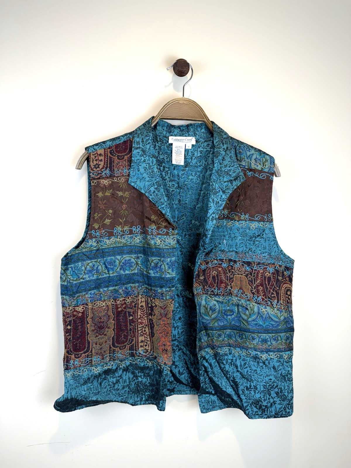 Vintage Coldwater Creek Women Teal Vest Medium Boho Patchwork Indie Silk *Flaw