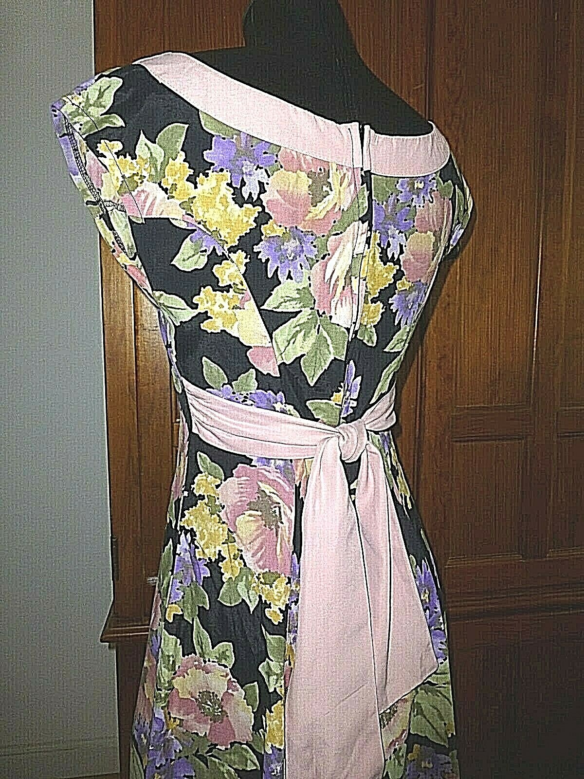 Vtg 80s French Country BoHo Floral Print Garden Party Bow Belt midi DRESS S M