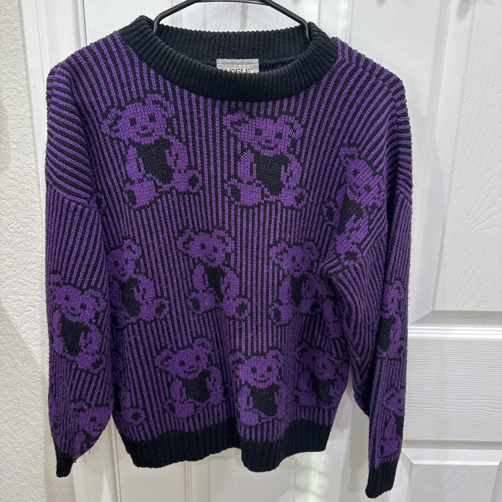 Vintage 1980s Adele Knitwear Teddy Bear Sweater Purple & Black Made in USA