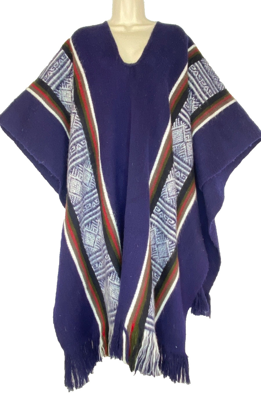 Vintage 1970s blue alpaca wool poncho long striped fringe unisex boho blanket