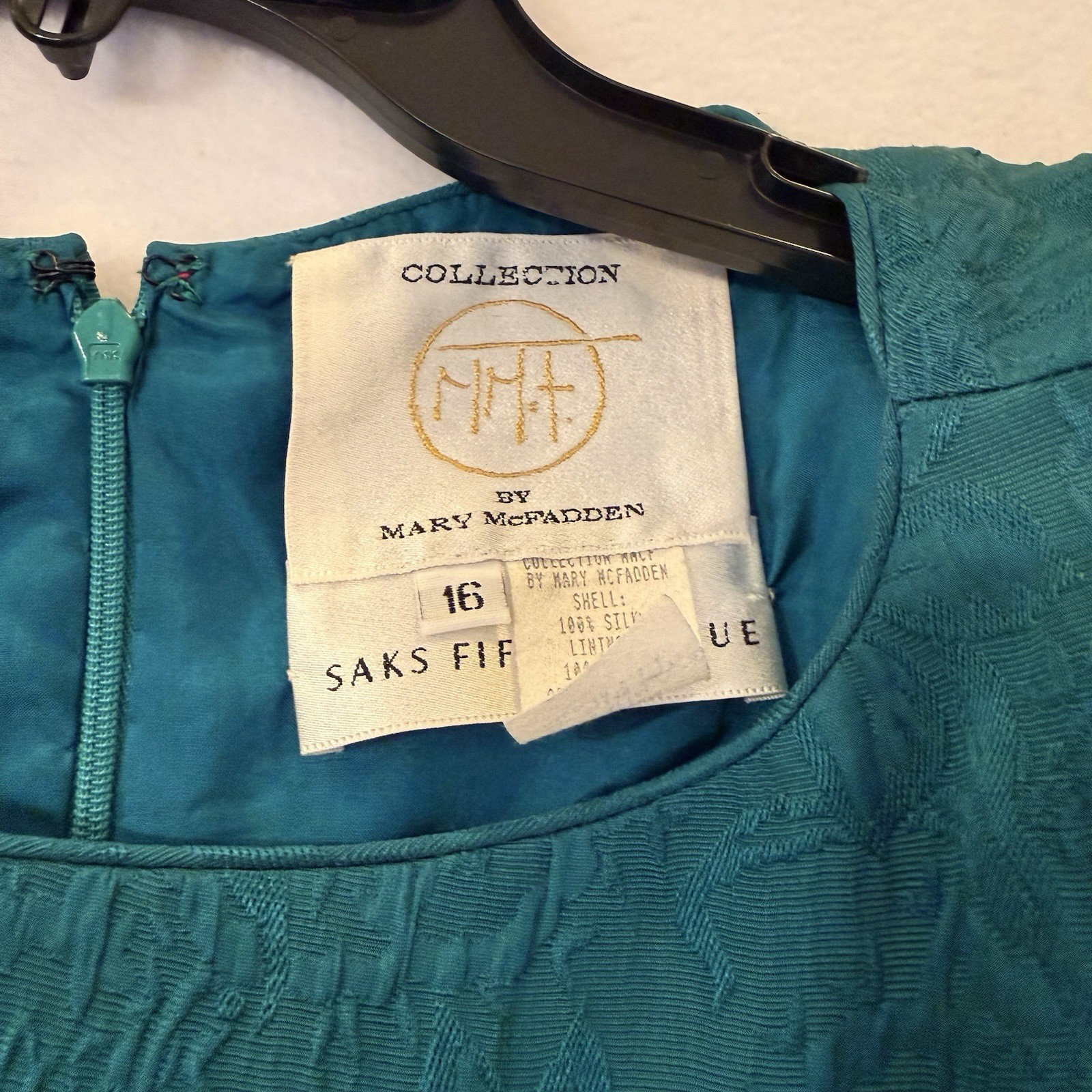 Vintage Mary McFadden for Saks Fifth Avenue Teal Silk Jacquard Dress – Size 16