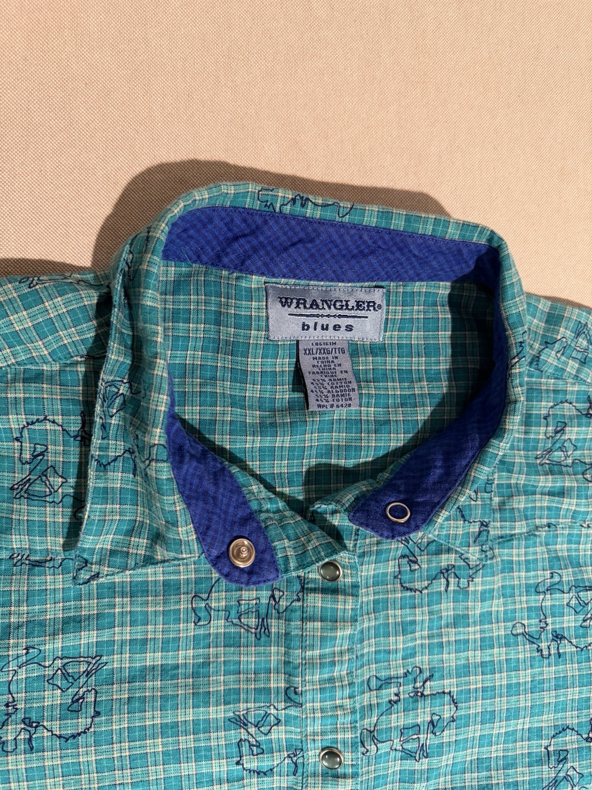 1990s Wrangler Blues Horse Print Womens 2XL Long Sleeve Pearl Snap Shirt Blue