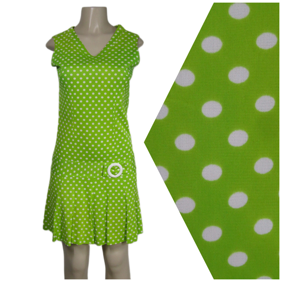 VTG 60s 70s MOD Polka Dot Retro Groovy Drop Waist LIme Green Gidget Dress S