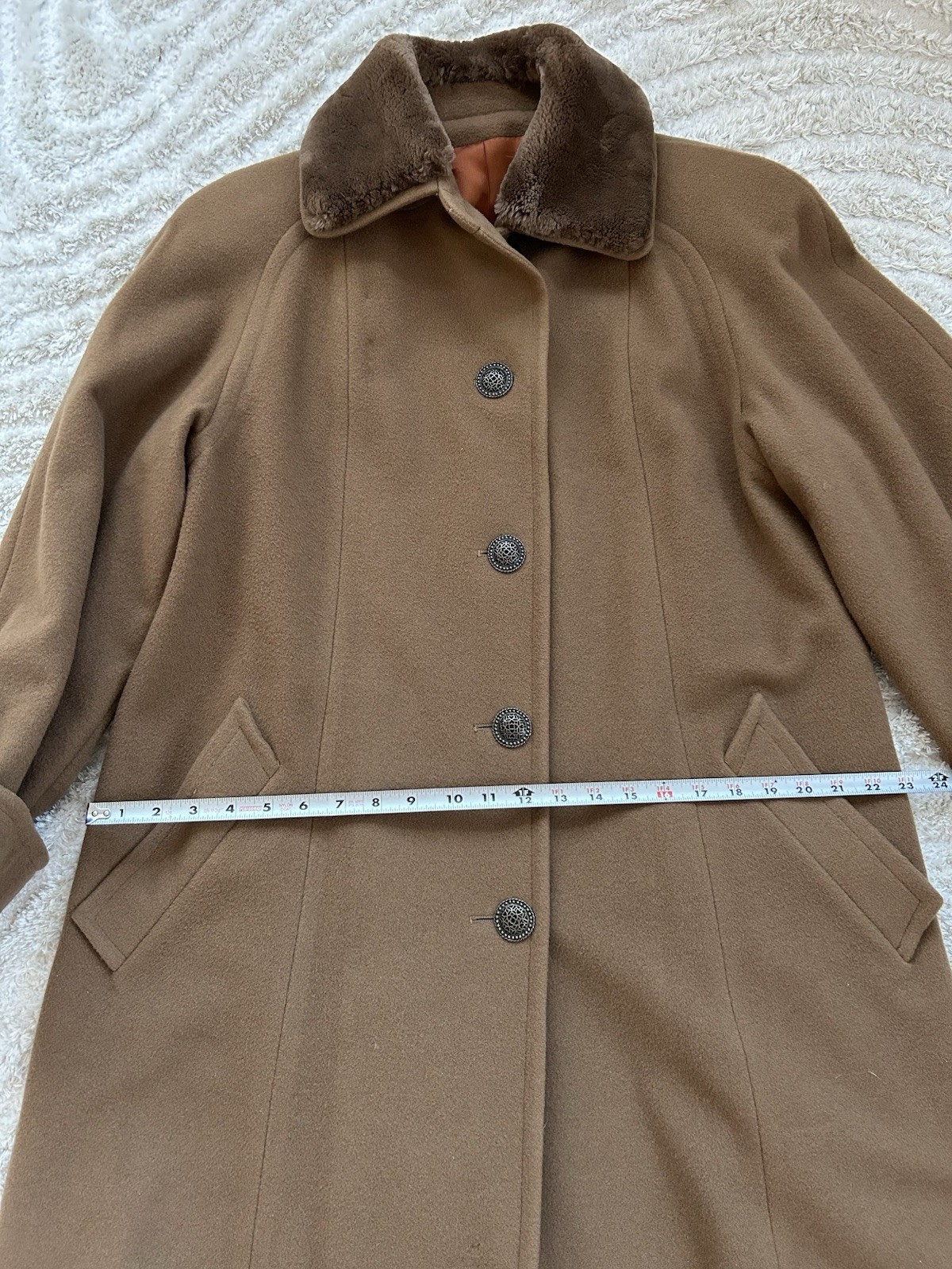 Nina Ricci Vintage 80s Camel Wool and Cashmere Blend Coat With Plush Collar