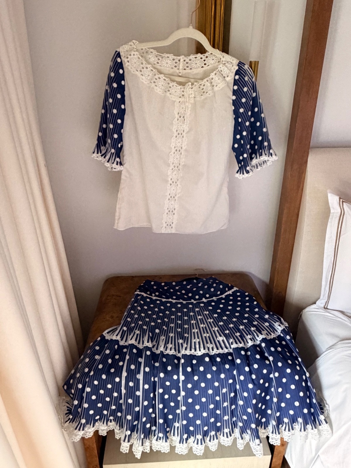 vintage french polka dot blue and white skirt set