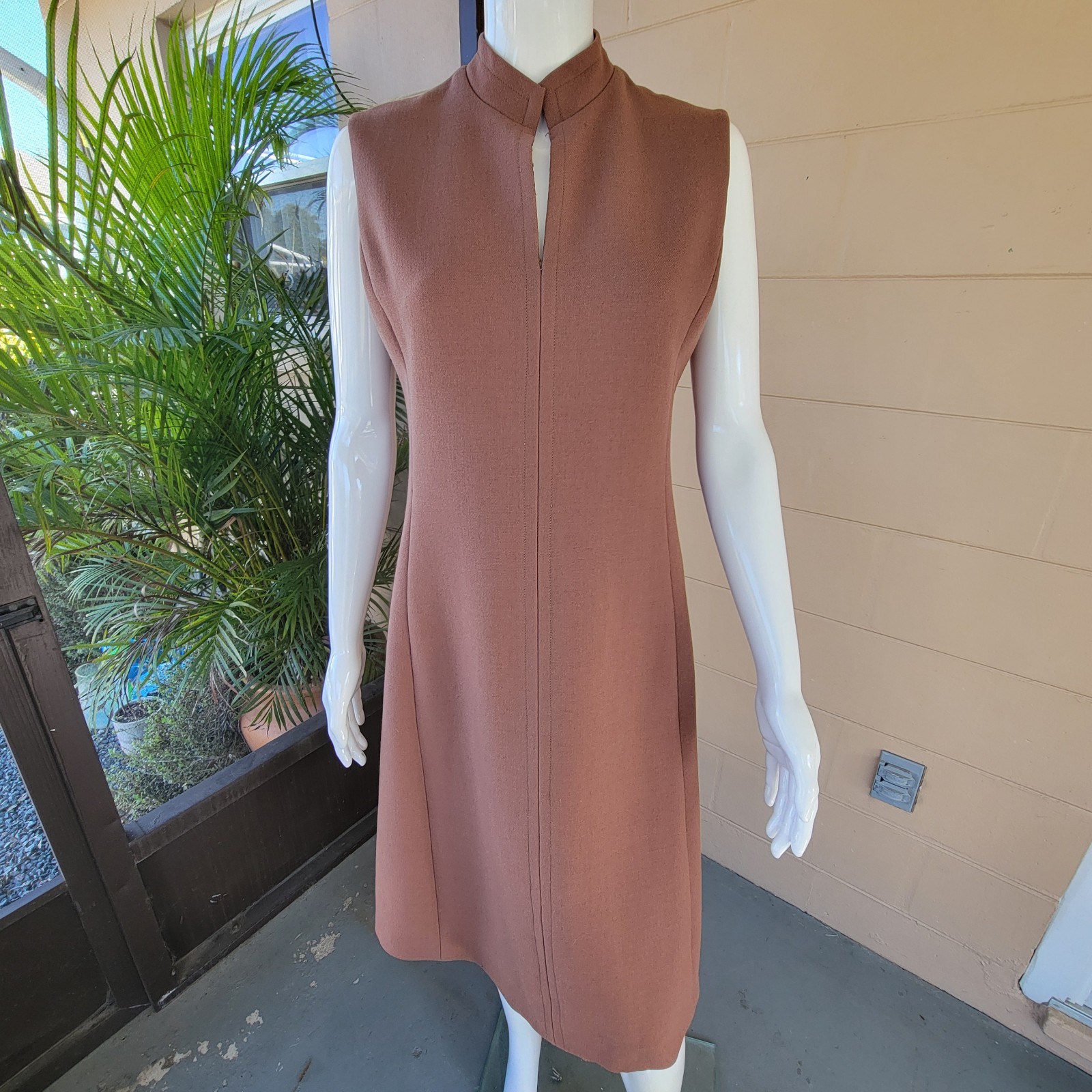 Vintage 70s Brown Sleeveless Midi Dress A-line Women Size 10/M Tailored