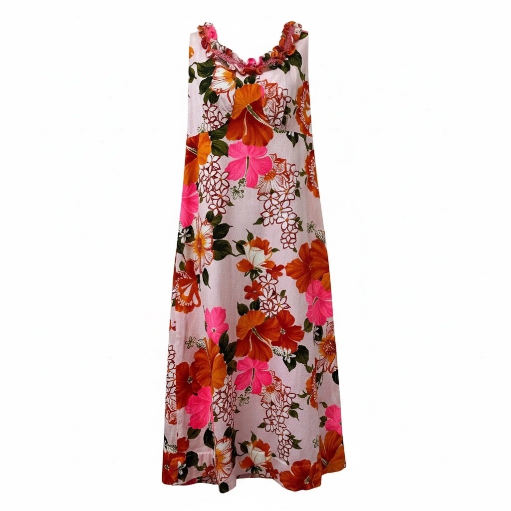 Young Hawaii Honolulu Vintage Pink Orange Floral Maxi Dress Muumuu Cotton Sz 14
