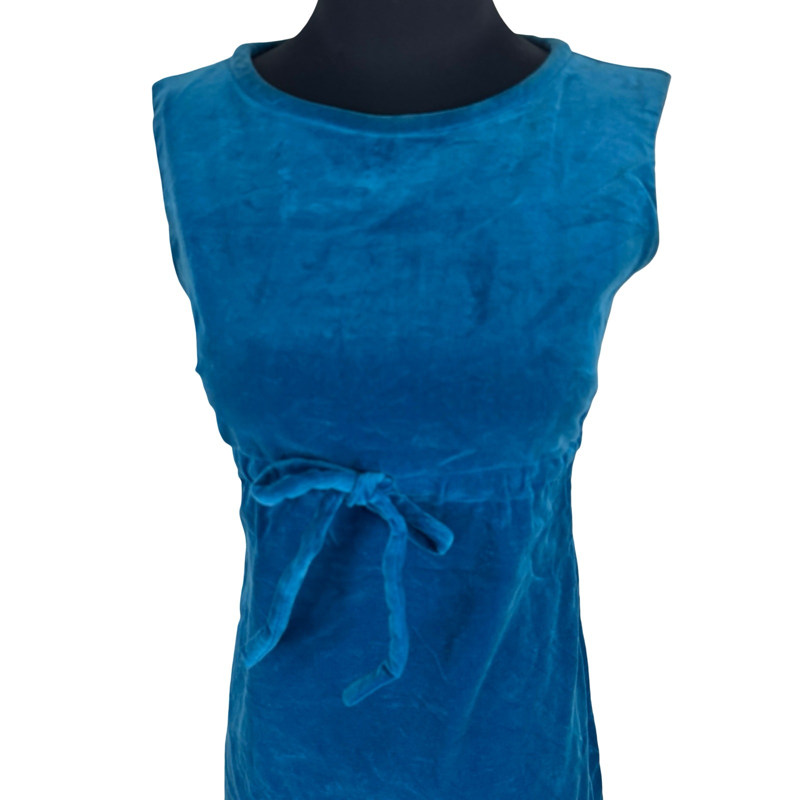 Vintage 60s Ilene Ricky Aqua Blue Velvet Dress Mod Empire Waist Tie Size XS