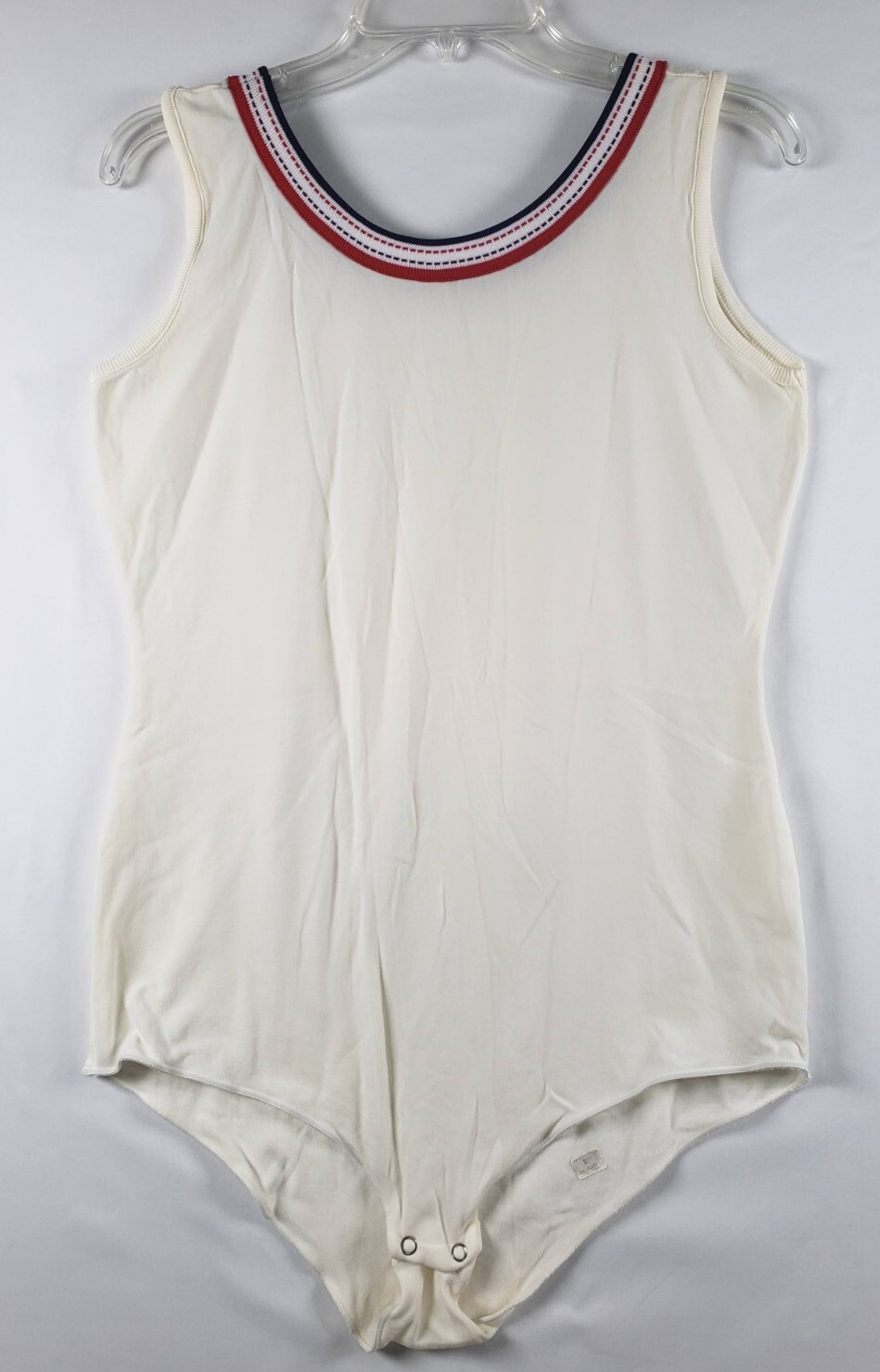 Vintage 60s 70s Bodysuit Tank Size Small Snap Bottom White w Red Blue Trim Nylon