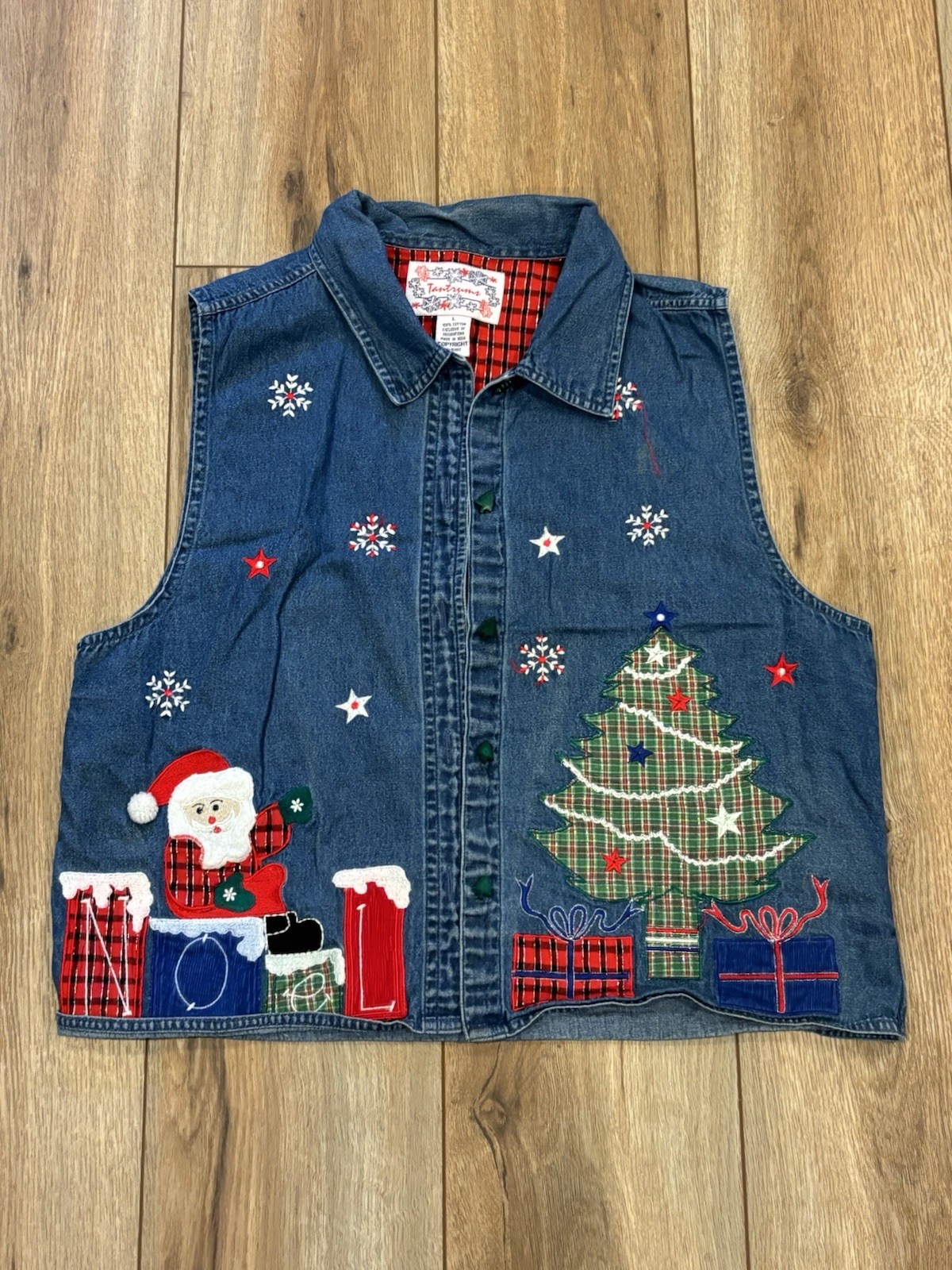 Vtg Tantrum Blues Holiday Christmas Tree Denim Vest Embroidered Sz Large