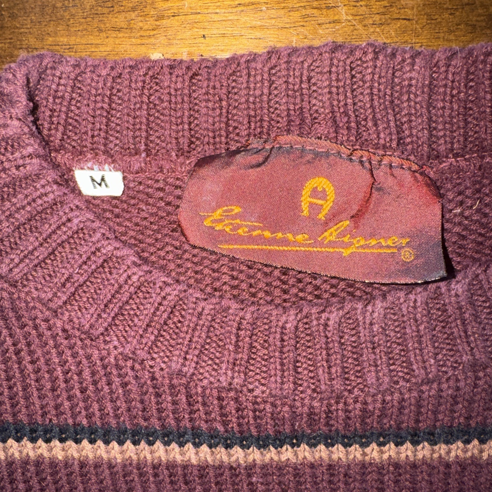 Vintage 70s ETIENNE AIGNER Womens M Cotton Sweater Union Tag USA Burgundy Stripe