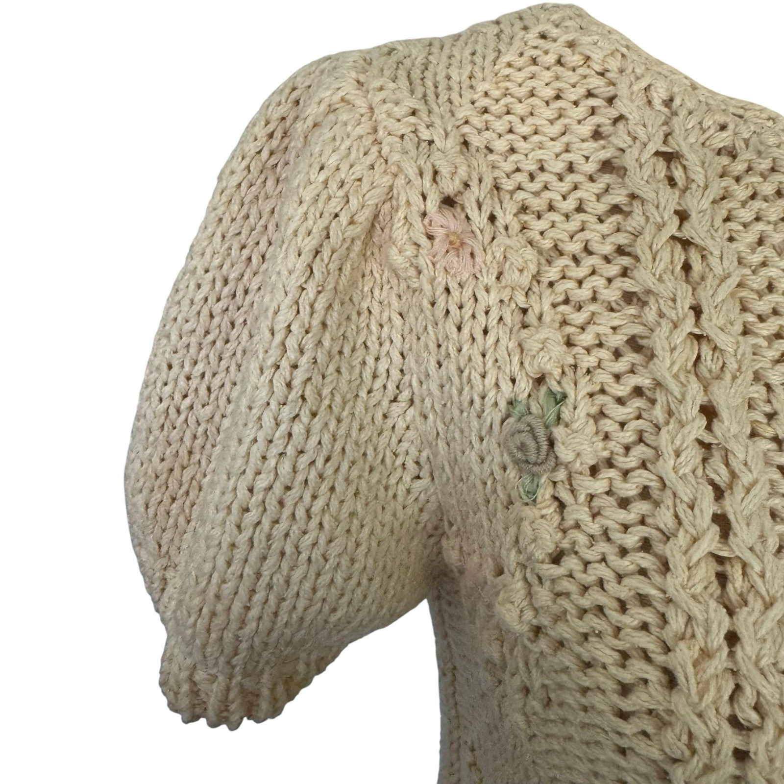 Vintage 80s Hand Knit Sweater Floral Embroidery Puff Sleeve Coquette Cottage