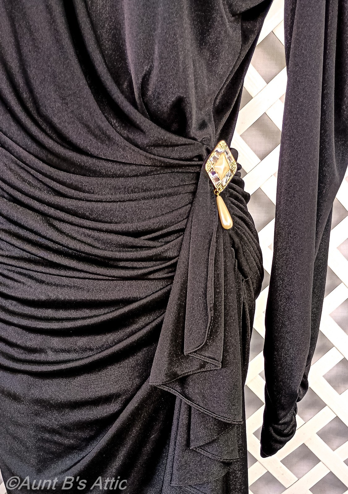 Vtg 80’s Filigree Clubwear Blk Poly Asymmetrical Drape Figure Flattering Dress 8