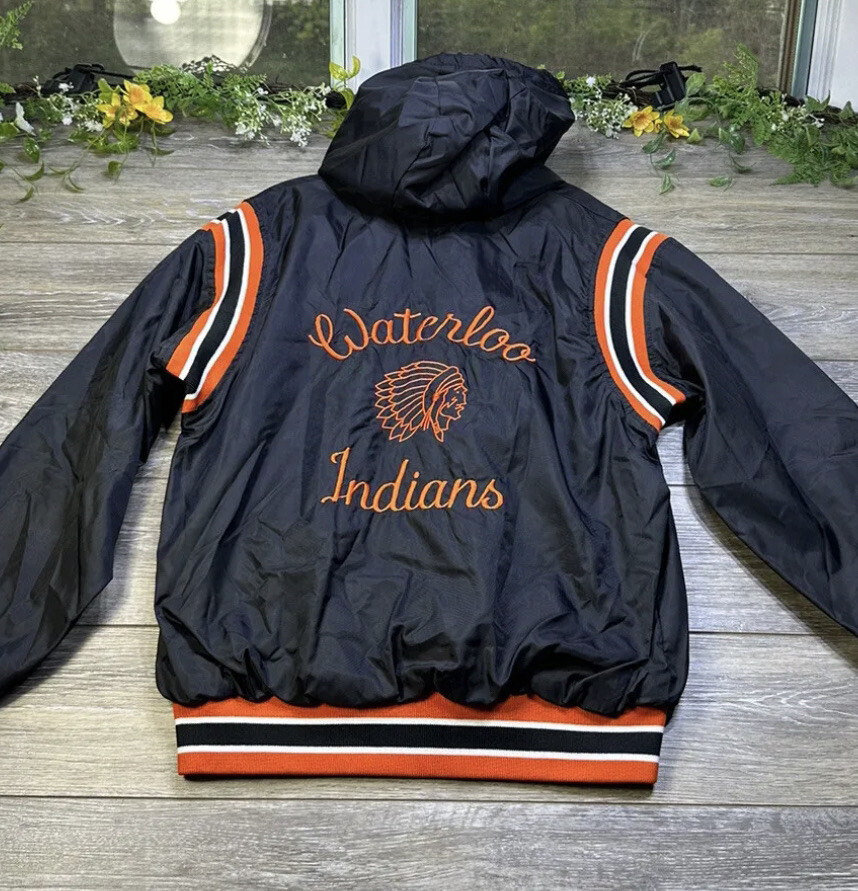 Waterloo Indians High School Satin Varsity Jacket Hooded Medium Vintage USA Made