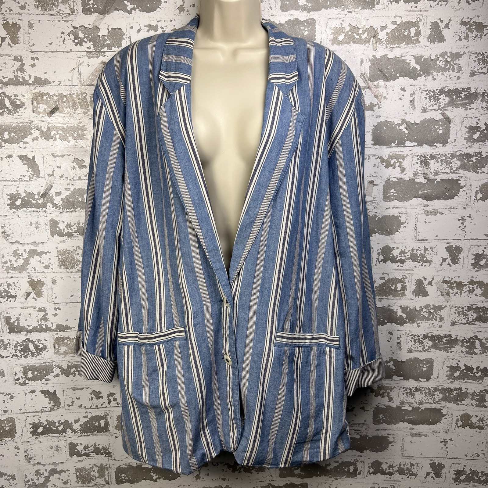 Vtg 80’s Ann Taylor L Chambray Blazer Blue Stripes Shoulder Pads Oversized