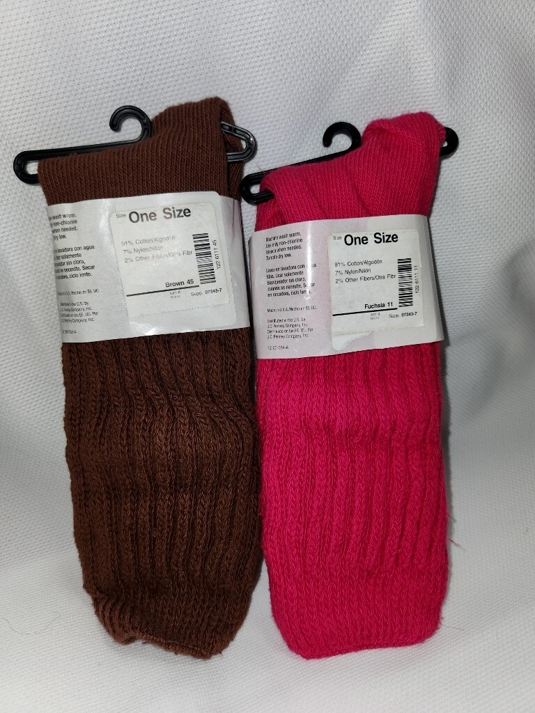 VTG 90’s 2 Pr Thick Socks JCP Slouch Brown Hot Pink Shoe Size 4/10 Yarnworks