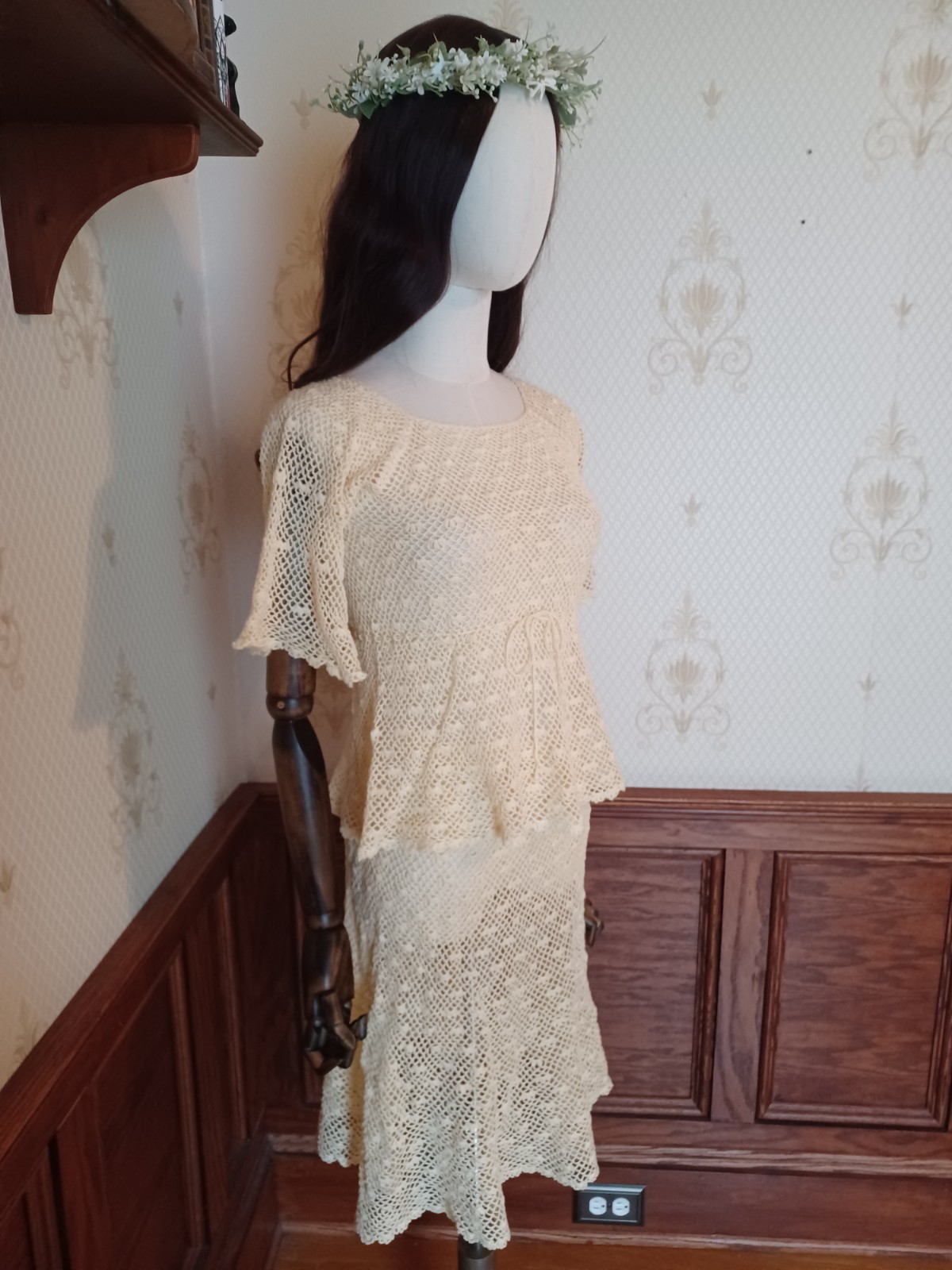 Vintage 1970s Boho/ Hippie/ Beach Wedding Ivory 2-piece Handmade Crochet Dress