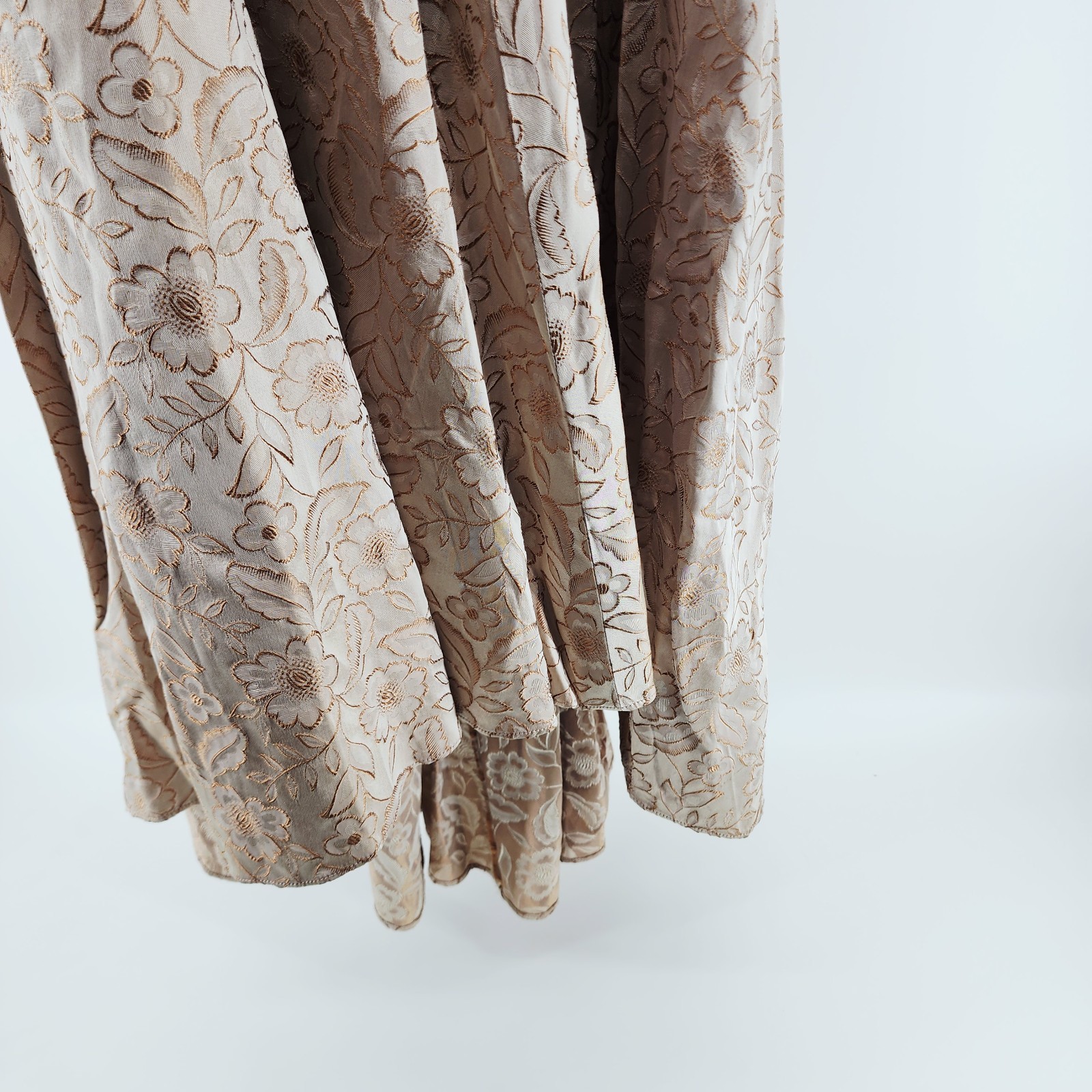 1950 BROCADE CHAMPAGNE FLORAL HI LOW GOWN MINK FUR COLLAR TAUPE GOLD DRESS XS-S